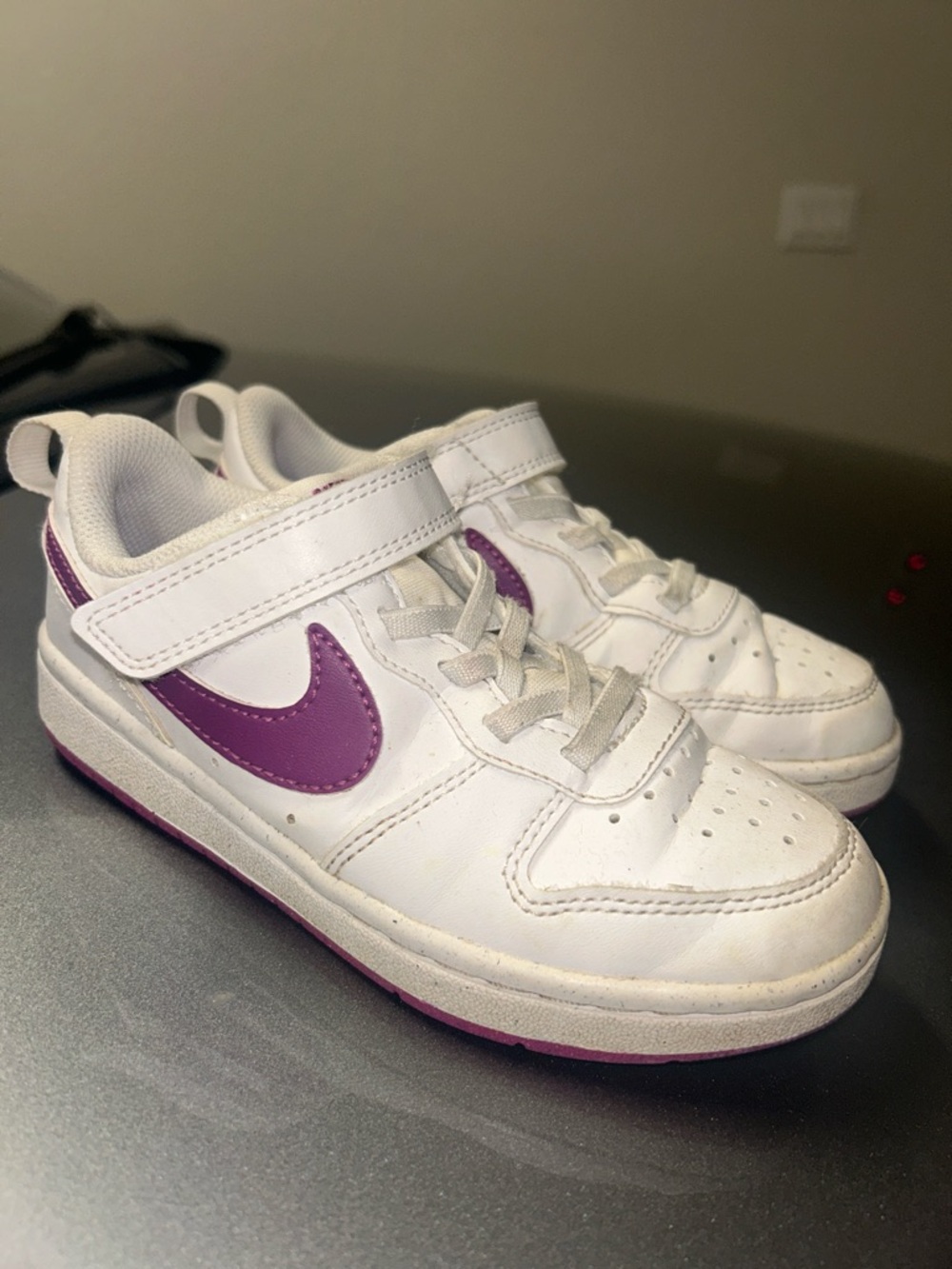 Nike Kids White Sneakers with Purple Swoosh and Pink-Trim Sole